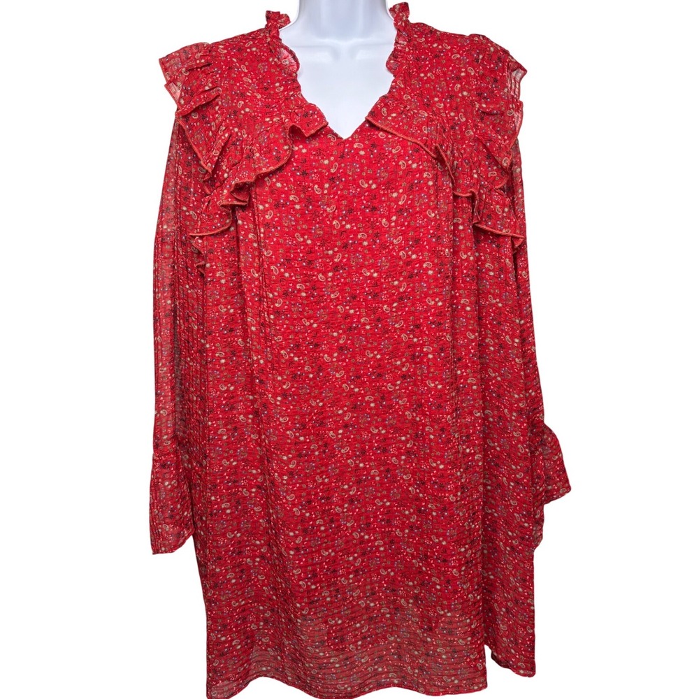 LILI & LALA PARIS Womens Red Floral Ruffle Peasant Mini Dress L Boho Bell Sleeve